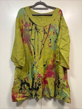 Italian Puro Lino Artisan Lime Green Paint-Splash Linen Tunic L
